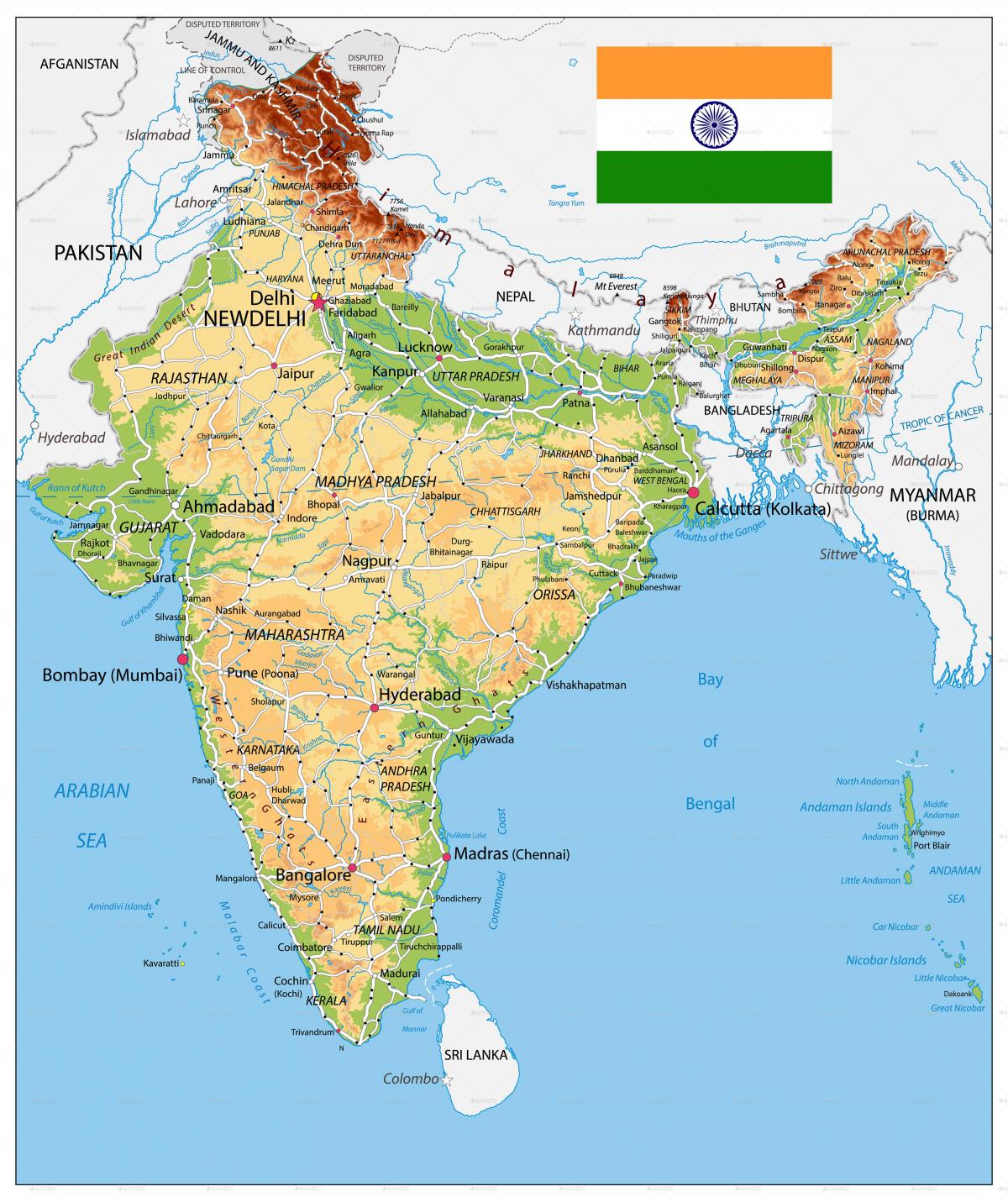 Mapa ukształtowania terenu Indii