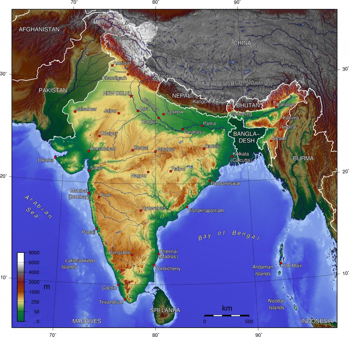 Topograficzna mapa Indii