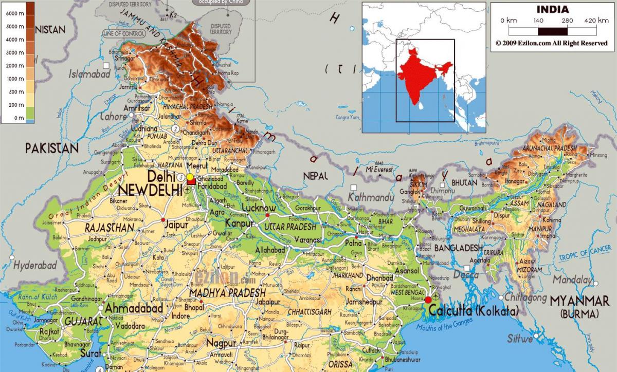 Mapa na północ od Indii